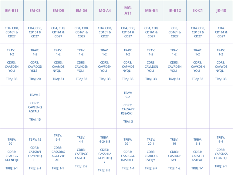 A table to highlight the key differences between Immort-MAIT cell line clones. The first row relates to CD expression. The following rows show T cell receptor expression.